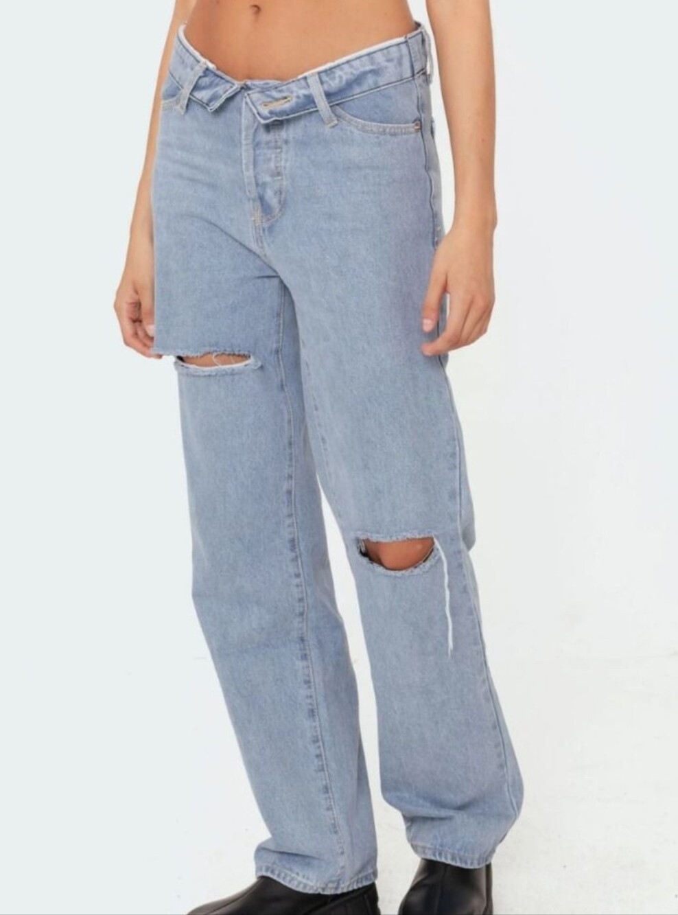 Edikted Raquel Roll Down Low Rise Distressed Straight Leg Jeans Size L Blue